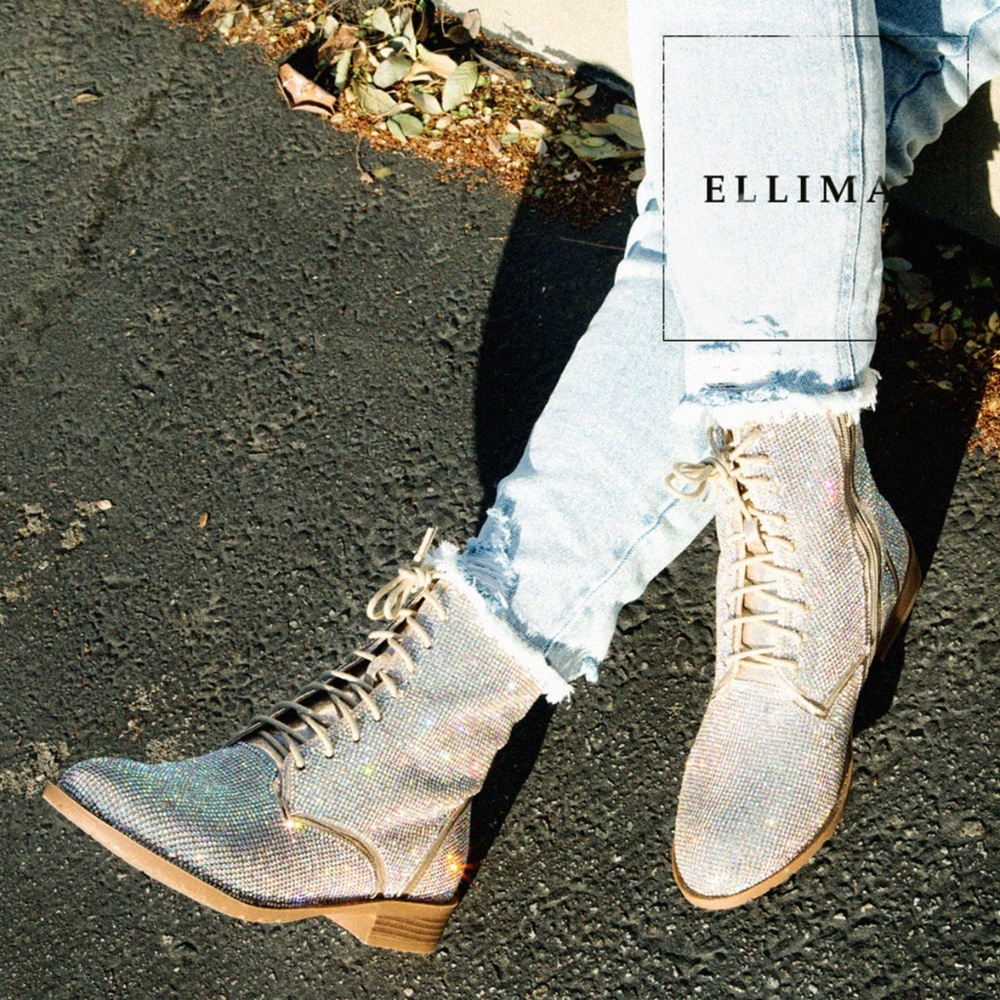 NEW🔥 Champagne Diamante Rhinestone Lace Up Combat Military Ankle Booties Boots - Picture 2 of 4